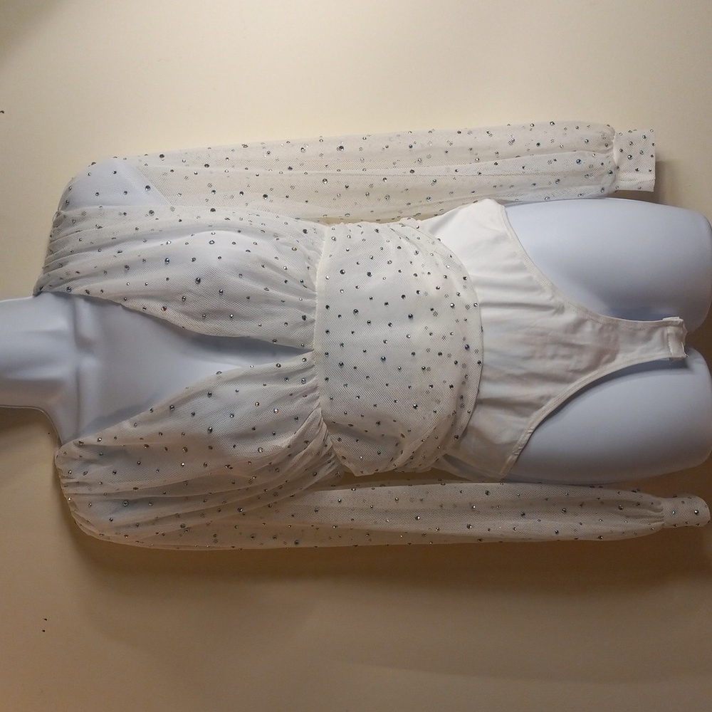 AB Rhinestone studded mesh pleated  plunge neck body suit Fairycore/Festival Med